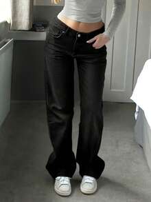 MYOURSA Women's Low-Rise Straight Leg Washed Jeans, Loose Fit, Casual Commute Daily Wear, Black - Black - View 3