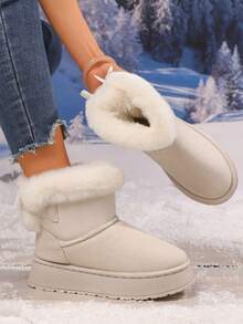 Damskie, jednokolorowe, pluszowe kozaki do połowy łydki z kokardką, ciepłe śniegowce, modne, zimowe botki na platformie z grubą, miękką wyściółką z pluszu, antypoślizgowe, wygodne, grube, śniegowce - Beżowy - Zobacz 8