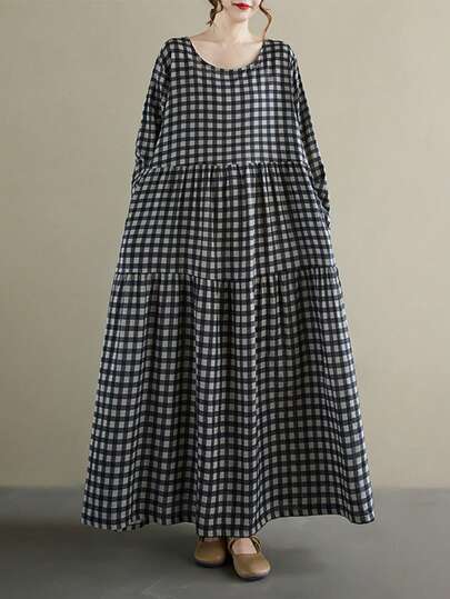 AZAH 上衣2025秋季新款圆领长袖褶皱宽松连衣裙女板裙波西米亚休闲度假沙滩裙打底裙一体裙秋季长裙