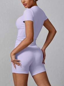 Conjunto deportivo de verano para mujer de unicolor simple con pantalones cortos y manga corta - Morado - Ver 2