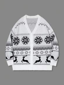 男士V领长袖开衫，雪花鹿印花，休闲百搭，宽松版型，适合春、秋、冬季穿着。 - 灰色 - 查看 2