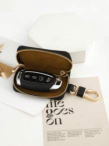 1 pieza Funda universal para llaves de coche de piel sintética de grano de litchi y fibra de carbono, con diseño con cremallera, a prueba de caídas, pérdida y arañazos, conveniente para guardar llaves de casa, adecuado como un pequeño regalo para amigos y familiares - Negro - Ver 11