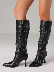 Women Winter Boots Knee High Buckle Kitten High Heels Luxury Elegant Fashion Design Halloween Shoes For Woman - 黑色 - 查看 4