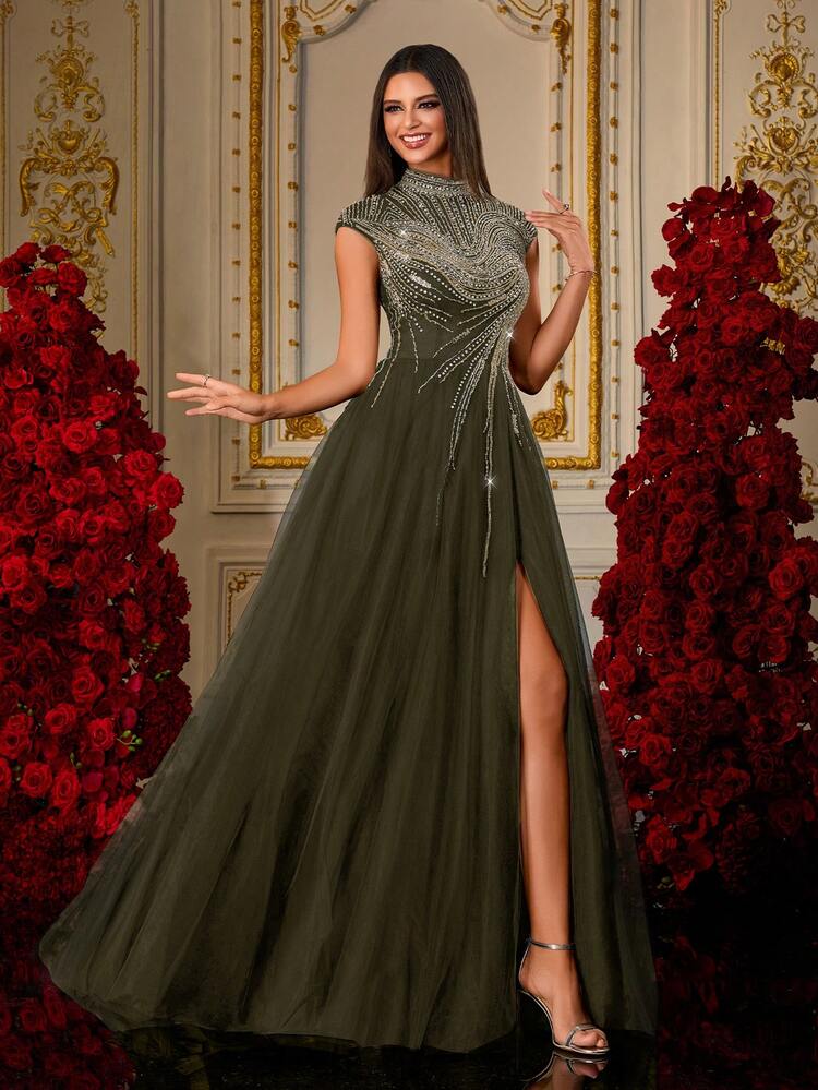 New Elegant Luxurious Pearl Embroidered Black Mesh Princess Long Evening Gown - Army Green - View 1