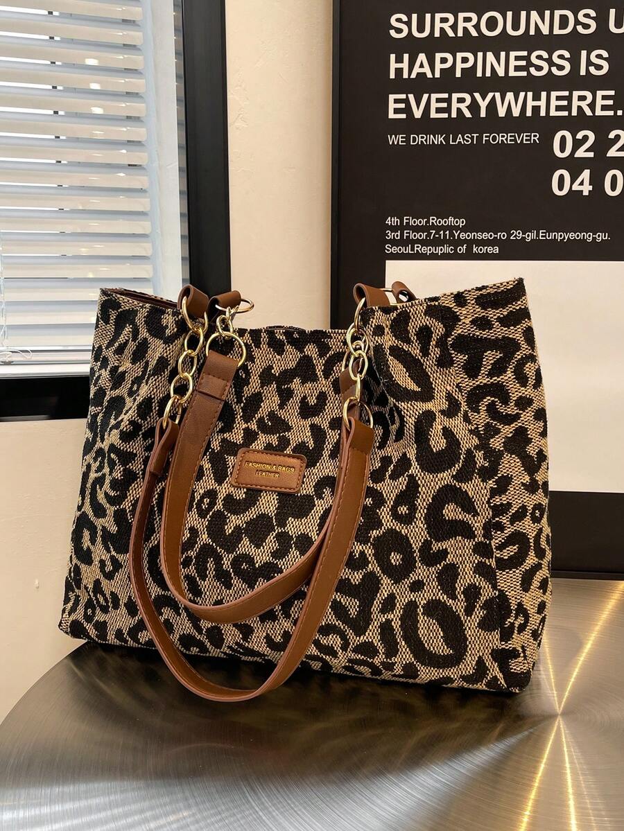 Livesso Leopard Print Canvas Tote Bag, Vintage Shoulder Bag, Fashionable Hand Bag Suitable For School, Work, And Shopping, Fall Winter Fashionable Cheetah Print Purse For Women, New Fall Winter Tiger Print Bag For Women - Brown - View 1