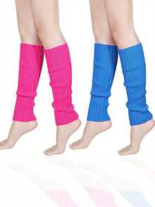2 Pairs 80s Women Neon Leg Warmers Knit Ribbed Leg Warmer For Party Accessories, Y2k, Cozy - Multicolor - View 5