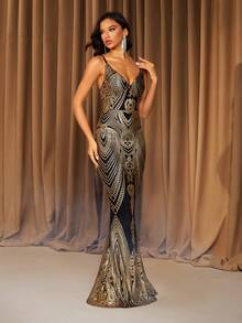 Elisanya Abito a sottoveste con scollo a V nero e oro con paillettes, adatto per feste, appuntamenti, gala, in tutte le stagioni (motivo floreale casuale sul retro, non abbinato) - nero - Visualizzare 6