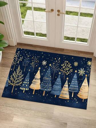 1pc Welcome Door Mat Pine Tree And Snowflake Pattern Doormat, Suitable For Entryway, Living Room, Bedroom, Bathroom, Hallway, Laundry Room, Kitchen, Balcony As Indoor Entrance Carpet, Modern Polyester Rectangular Non-Slip Absorbent Floor Mat - Indoor Home Decor, Easy To Clean, Soft Flannel Bath Mat, Bathroom Rugs, Perfect For Christmas, Kitchen Rugs, Christmas Rugs, House Decor, Christmas Decor, Autumn Decoration