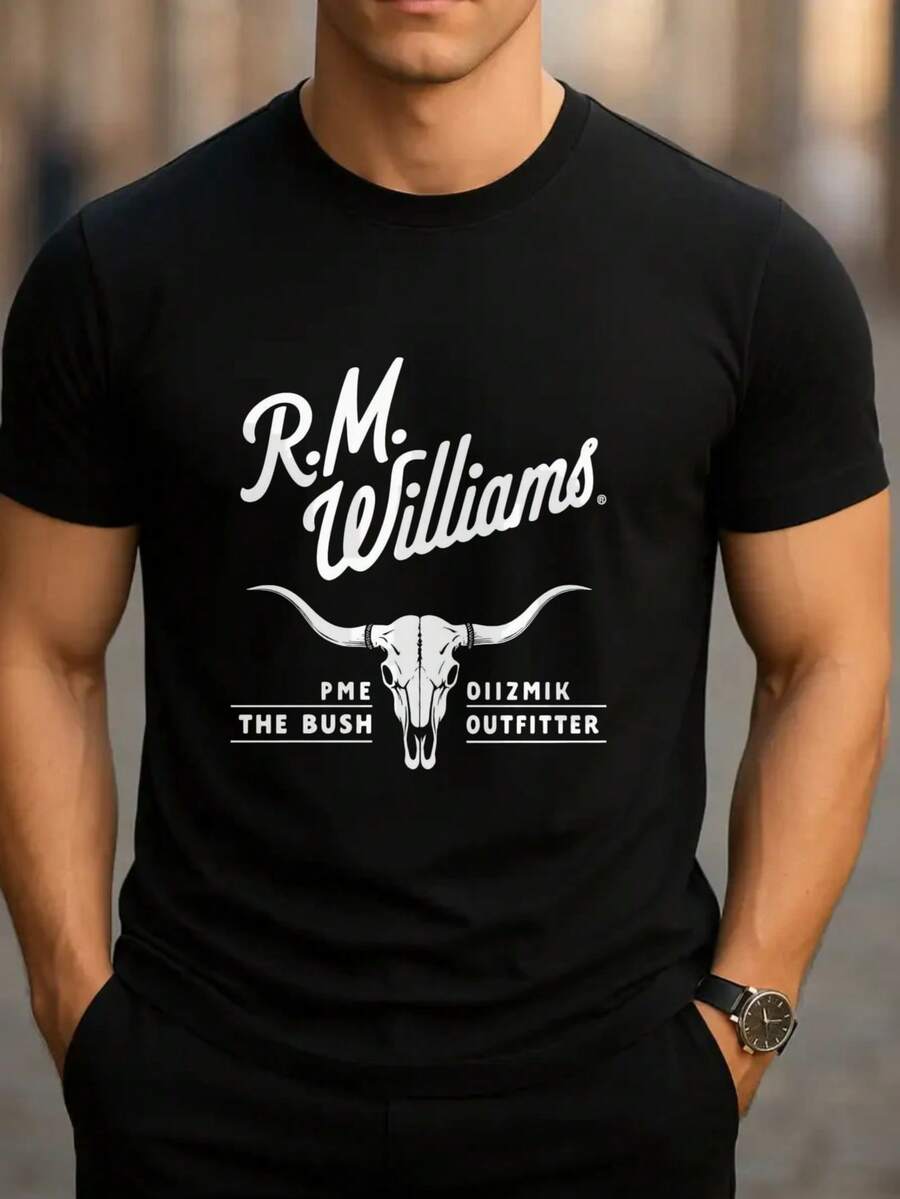 Classic Crew Neck T-Shirt Black R.M. Williams Skull Logo Print For Outdoor Activities - màu đen - Xem 1