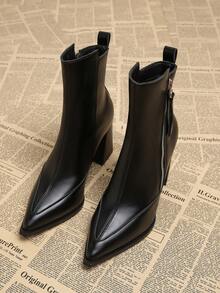 2025 Autumn New Black Versatile Elegant Punk European & American Style Women's Thick Heel High Heel Pointed Toe Ankle Boots, Fashion Ankle Boots For Autumn/Winter - Black - View 2