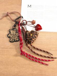 Series Cute Leather Leopard Print Small Bag Charm Keychain Vintage Leopard Bear Heart Highly Decorative Bag Pendant Suitable For Women Everyday Wear Fall
