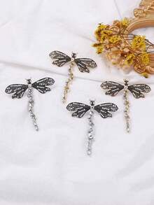 1pc Fashionable Alloy Rhinestone Dragonfly Earrings, Minimalist Unique Design High-End Women Earrings