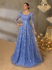 Faeriesty 华丽的珠饰亮片晚礼服，长袖修身设计，搭配奢华的薄纱罩衫和耀眼的灯光效果，是出席正式晚宴、红毯活动和盛大庆典的理想之选。 - 霧霾藍 - 查看 1