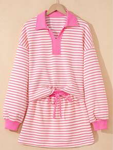 Stripe Designed Collared V Neck Drop Shoulder Sweatshirt And Skort Sets - 粉色 - 查看 3