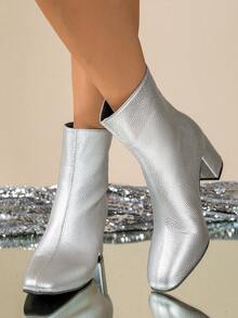 Women's Ankle Boots, Silver Leather With Inherent Luster, High-End Ankle Boots With Rear Zipper, Chunky Heel And Pointed Toe, Fashionable And Sturdy, Easy To Put On And Take Off, Versatile For Various Personal Styles, Suitable For Daily Wear, Commuting And Work - Silver - View 5