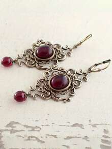 1Pc Exquisite Vintage Copper Inlaid Synthetic Blood Red Gem Ladies Earrings Pendant Suitable For Banquet Ball - 多色 - 查看 2
