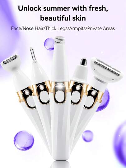 五合一女士电动剃须刀，适用于剃除和修剪腿内侧、眉毛、唇毛、身体毛发、面部毛发、胡须、鼻毛、手臂和腋毛。可充电电动剃须刀，温和不刺激。
