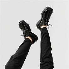 Split Toe Loafers For Women Tabi Shoes Platform Chunky Heel Loafers Lace Up Business Casual Black Leather Shoes - 黑色 - 查看 11