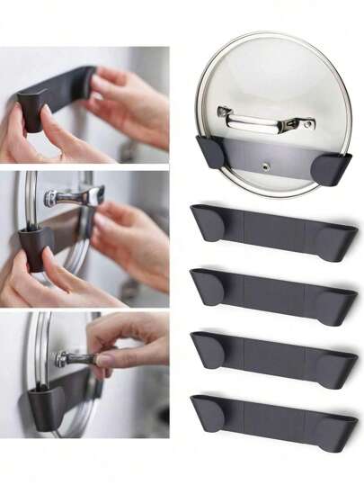 Conjunto de 4 peças de suporte para tampas de panela, adequado para armários, suporte universal autoadesivo para tampas de panela, fácil de instalar dentro das portas dos armários, adequado para cozinhas, adequado para tamanhos de 15 a 33 cm, acessórios de cozinha, suporte essencial para tampas de panela para cozinhas, Natal, Halloween