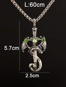 1pc Vintage Multi-Color Gemstone Dragon Sword Stainless Steel Pendant Necklace, Punk Style Unisex Couple Necklace For Daily Wear