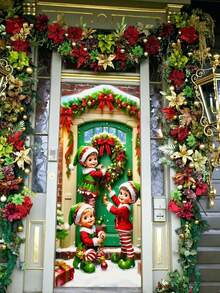 1 Stück, lustige Weihnachts-Türdekoration Banner, strapazierfähiger Polyester, Weihnachtsmann, Süßigkeiten, Elch, Geschenke und Glocken Design, Heim-Türdekoration, geeignet für Weihnachts-Türdekoration, Fenster-Dekoration, Foto-Requisiten