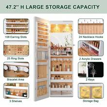 LED Mirror Jewelry Cabinet,47.2" Wall Mounted Jewelry Organizer With Full-Length Mirror,Over The Door Hanging Jewelry Armoire Storage Cabinet,Folding Dresser,2 Drawers,Lockable, 3 Shelves - 白色 - 查看 4