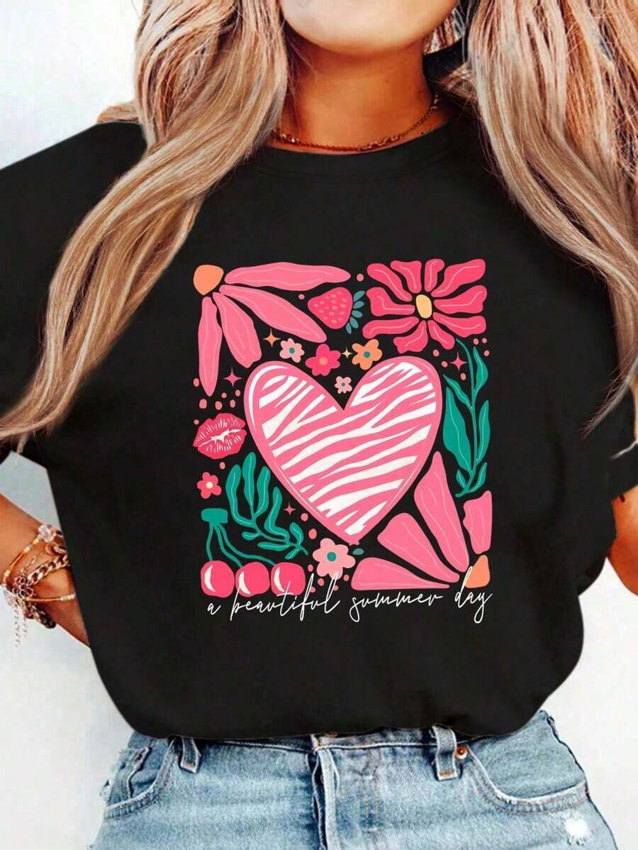 Camiseta de manga corta blanca de verano para mujeres con elemento floral estilo resort de playa casual y enérgico, camiseta suelta, casual y versátil - Negro - Ver 1
