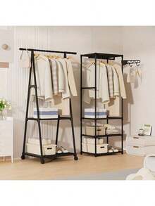 1pc Metal Freestanding Portable Clothes Rack With 1-Tier Shelf, Adjustable Rolling Clothes Rack, Large Capacity Non-Slip Hat Rack With Locking Wheels, Multi-Layer Design. Rolling Multi-Functional Metal Clothes Rack, Independent Triangle Clothes And Coat Storage Organizer Suitable For Home, Kitchen And Closet, With Movable Multi-Layer Structure. Floor Standing Clothes Rack Living Room Storage Rack Floor Standing Bedroom Small Coat Rack Bag Rack - Multicolor - View 2