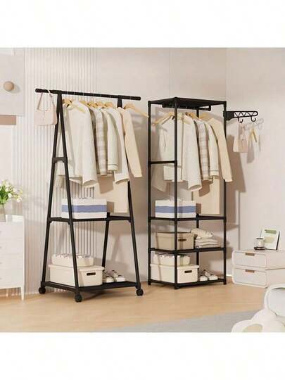 1pc Metal Self-Standing Portable Garment Rack With 1 Shelf, Adjustable Rollers, High Capacity Non-Slip Hat Rack, Lockable Wheels, Multi-Tier Design. Wheeled Multifunctional Metal Clothing Rack, Freestanding Triangle Clothes And Coat Organizer Suitable For Home, Kitchen And Closet, With Movable Multi-Layer Structure. Floor Standing Clothes Hanger Rack, Living Room Storage Rack, Bedroom Small Coat And Hat Rack, Bag Hanger