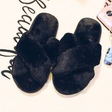 Women's Flat Open Toe Fluffy Slippers, 2025 New Lightweight Warm Comfortable Casual Strap Bedroom Slippers - Black - View 9