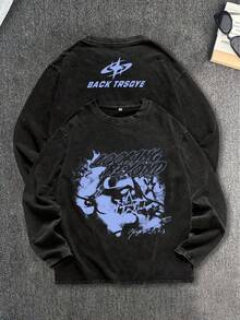 Rock Skeleton “幻影” 男士做旧圆领长袖T恤 - 黑色 - 查看 1