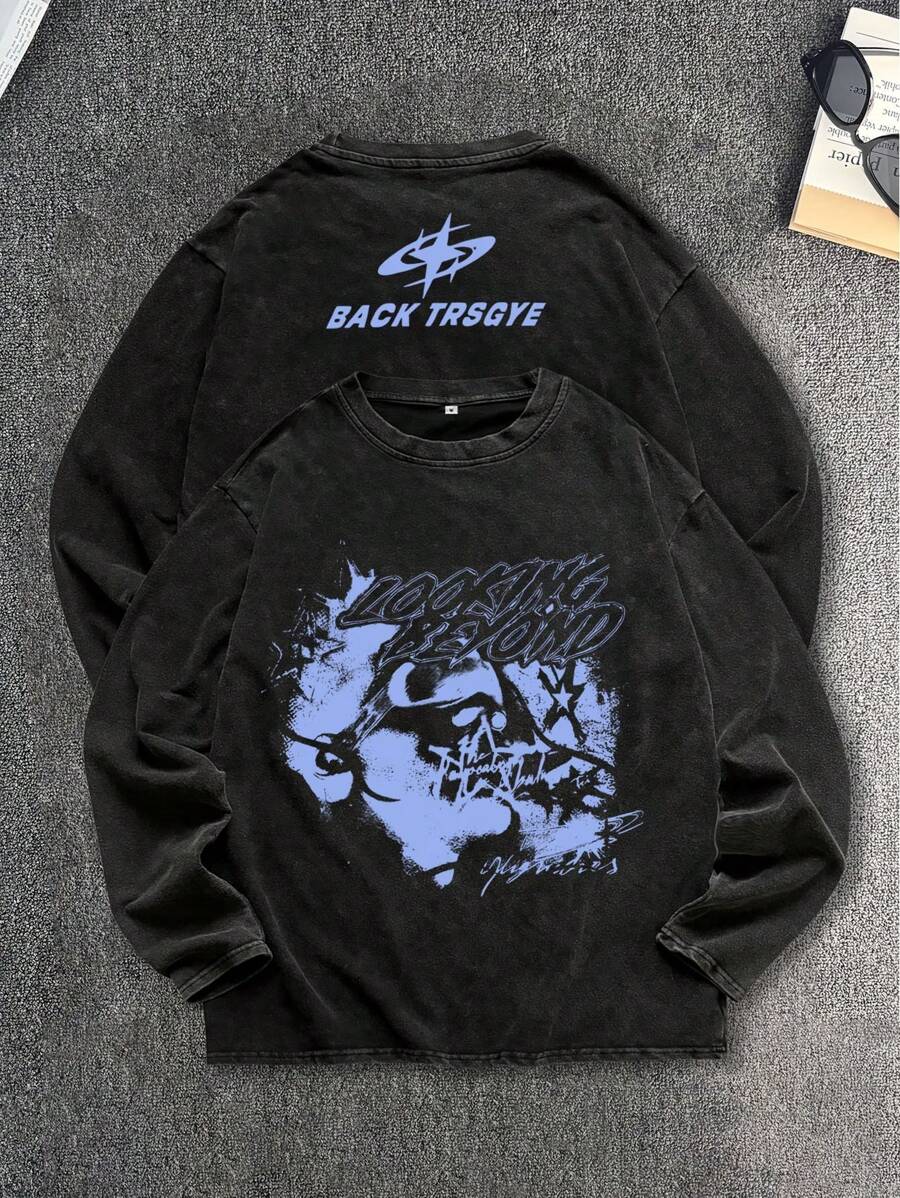 Rock Skeleton “幻影” 男士做旧圆领长袖T恤 - 黑色 - 查看 1