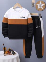 Conjunto Casual de Moletom com Gola Redonda e Estampa de Letra e Bloco de Cor, e Calça de Moletom para Menino Jovem