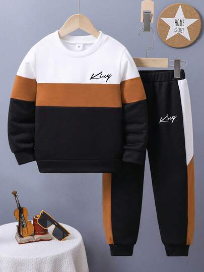 Ensemble décontracté pour jeune garçon avec Sweat-shirt-shirt à col rond imprimé lettres et blocs de couleurs, et pantalon de survêtement
