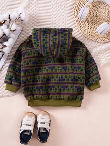 1 pieza Sudadera con capucha informal para niños, verde militar con estampado total, forro polar, bolsillos, otoño/invierno