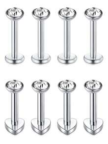 8Pcs 16G Stud Earrings Flat Back Star Heart Shape Tiny CZ Small Helix Cartilage Tragus Conch Lobe Labret Medusa Piercing Jewelry For Women Men - Multicolor - View 6