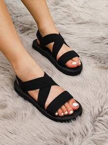 Mẫu mới năm 2024 dành cho nữ: Sandal hở mũi, quai thun, kiểu dáng thường ngày, thoải mái khi đi biển, nghỉ dưỡng, đế xuồng dày dặn, thiết kế cá tính, phù hợp cho ngày Quốc khánh/Ngày của Nhà vua, trang phục mùa xuân hè. - màu đen - Xem 3