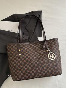 大容量多功能印花手提包，铆钉装饰，复古花卉印花，宽敞的单肩包，时尚日常手提包 - 咖啡棕 - 查看 4