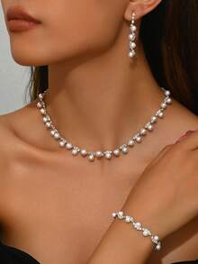 4 件优雅仿珍珠首饰套装 - 项链、耳环、手链，适合女士婚礼、派对、宴会 - 857747銀色仿珍珠耳環項鍊手鍊 - 查看 3