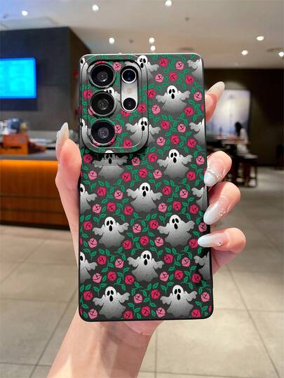 Black TPU Soft Phone Case With Full Screen Rose Ghost Pattern, Anti-Fall, Anti-Scratch, Fingerprint-Proof, Camera Lens Protection, Compatible With Samsung, Redmi, OPPO, VIVO