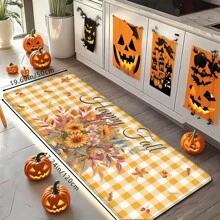 1 Stück Thanksgiving Rustikaler gelber Karomuster & Gänseblümchen Muster Fußmatte, weich rutschfest saugfähig waschbar Küchenmatte, festliche gemütliche Eingangsmatte, rechteckiger Florteppich Feiertags-Heimdekoration für Wohnzimmer, Schlafzimmer, Küche, Waschraum, Badezimmer