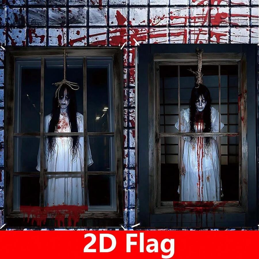 2pcs 2D Flat Halloween Ghost Window Decorations, 80cm*120cm/31.5"*47.3", Bloody Horror Halloween Home Window Decor Flags, Made Of Polyester, Suitable For Indoor And Outdoor Halloween Decorations