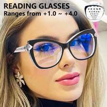cabecade Gafas de lectura con montura de ojo de gato de moda, lectores de ordenador con marco completo retro y únicos, unisex +1.0~+4.0 - Transparente - Ver 5