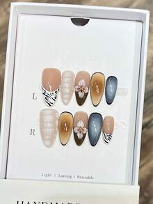 10 piezas/paquete, uñas largas y delgadas con punta estilo europeo y americano, uñas postizas con diseño de talla floral tropical 3D, patrón hexagonal degradado pintado a mano, uñas elegantes y lujosas hechas a mano, adecuadas para mujeres y niñas, estilo Y2K y Insta, arte de uñas elegante y lujoso, adecuado para mujeres y niñas, suministros de uñas