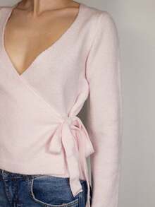 Women's Wrap Front Deep V Neck Sweater - Long Sleeve Side Tie Cropped Slim Fit Knit Top - 粉色 - 查看 3