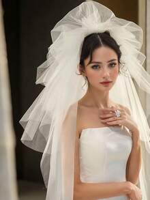 1 件白色女士面纱，多层硬网蓬蓬薄纱面纱，摄影工作室道具适合婚礼、派对、表演、角色扮演、旅行摄影，优雅复古风格带发梳，长度 100 厘米，腰臀长度，简约短款面纱秋季女士服装 - 白色 - 查看 6