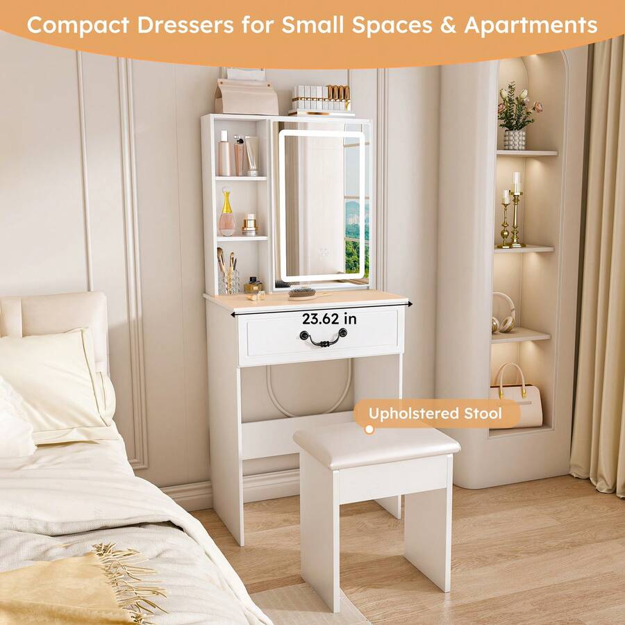 Modern Mini Dressing Table With LED Lighted Mirror (3 Color Modes ...
