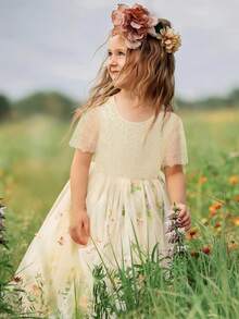 Tween-Mädchen Spitzenkleid mit kurzen Ärmeln, Stickerei und Mesh, elegantes rückenfreies Abendkleid, geeignet für Geburtstagsfeiern und Aufführungen, ohne Haarzubehör - Champagnerfarben - Übersicht 7