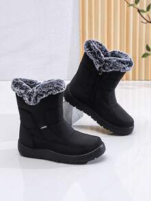 Botas curtas femininas, pretas lisas, estilo esportivo unissex, casual para uso urbano, zíper lateral, acabamento felpudo, forro térmico, quentes, adequadas para uso casual, festa, escritório, atividades ao ar livre, férias, outono/inverno, à prova d'água