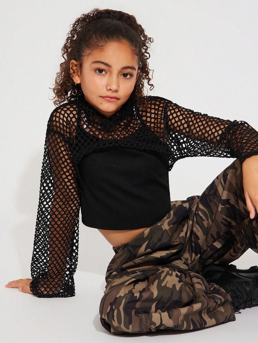 Radiana 3 件套 Tween 女童休闲时尚网眼连帽长袖上衣、罗纹针织背心和迷彩工装裤套装 - 軍綠色 - 查看 1